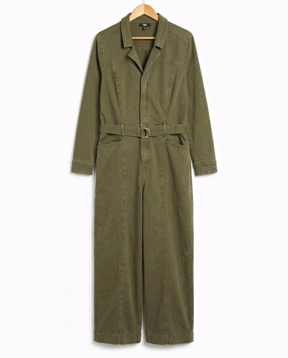 PAIGE Long Sleeve Utility Jumpsuit Olive Green Belted Wide Leg S14